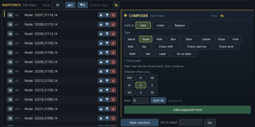 Cavebot waypoint list and composer inside the Opus client