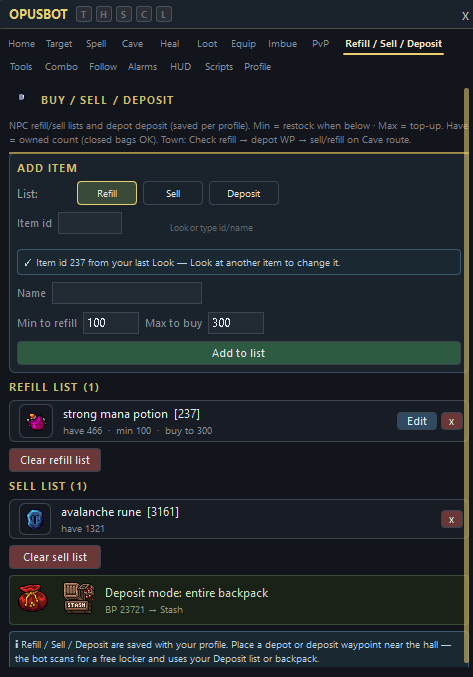 Refill / Sell / Deposit — supply lists and stash