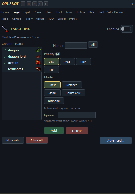 Targeting — creature rules, priority, chase modes